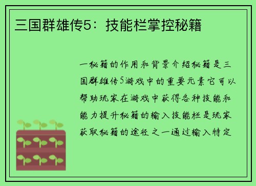 三国群雄传5：技能栏掌控秘籍